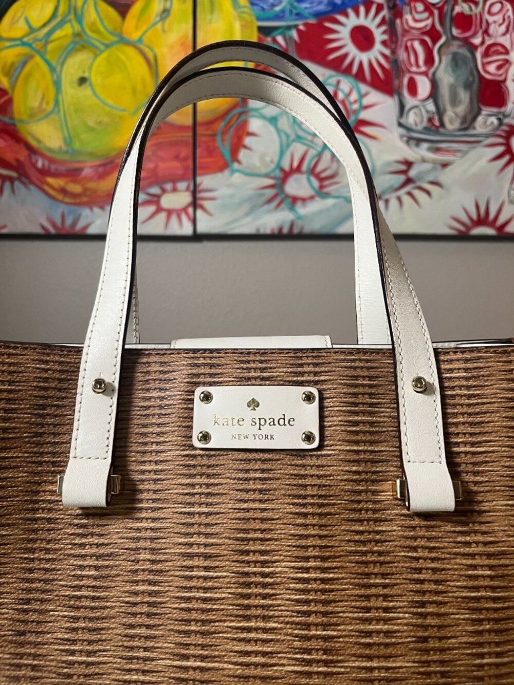 Kate Spade Pack a Picnic RARE Woodgrain Leather Structured Tote Storybook Lining - Picture 2 of 13